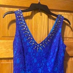 Beautiful blue lace with crystal beadwork, V neck dress